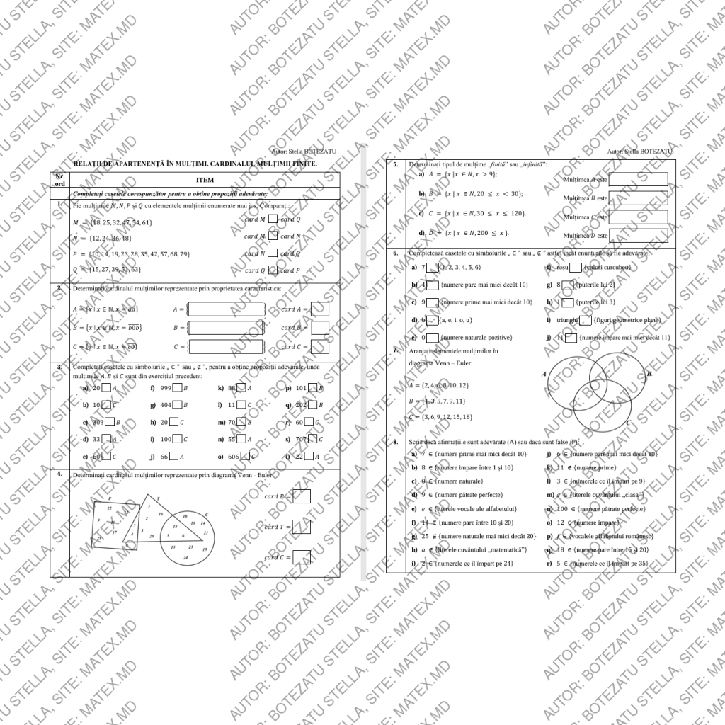 Relaţii de apartenenţă în mulţimi. Cardinalul mulţimii finite. (Clasa 5)