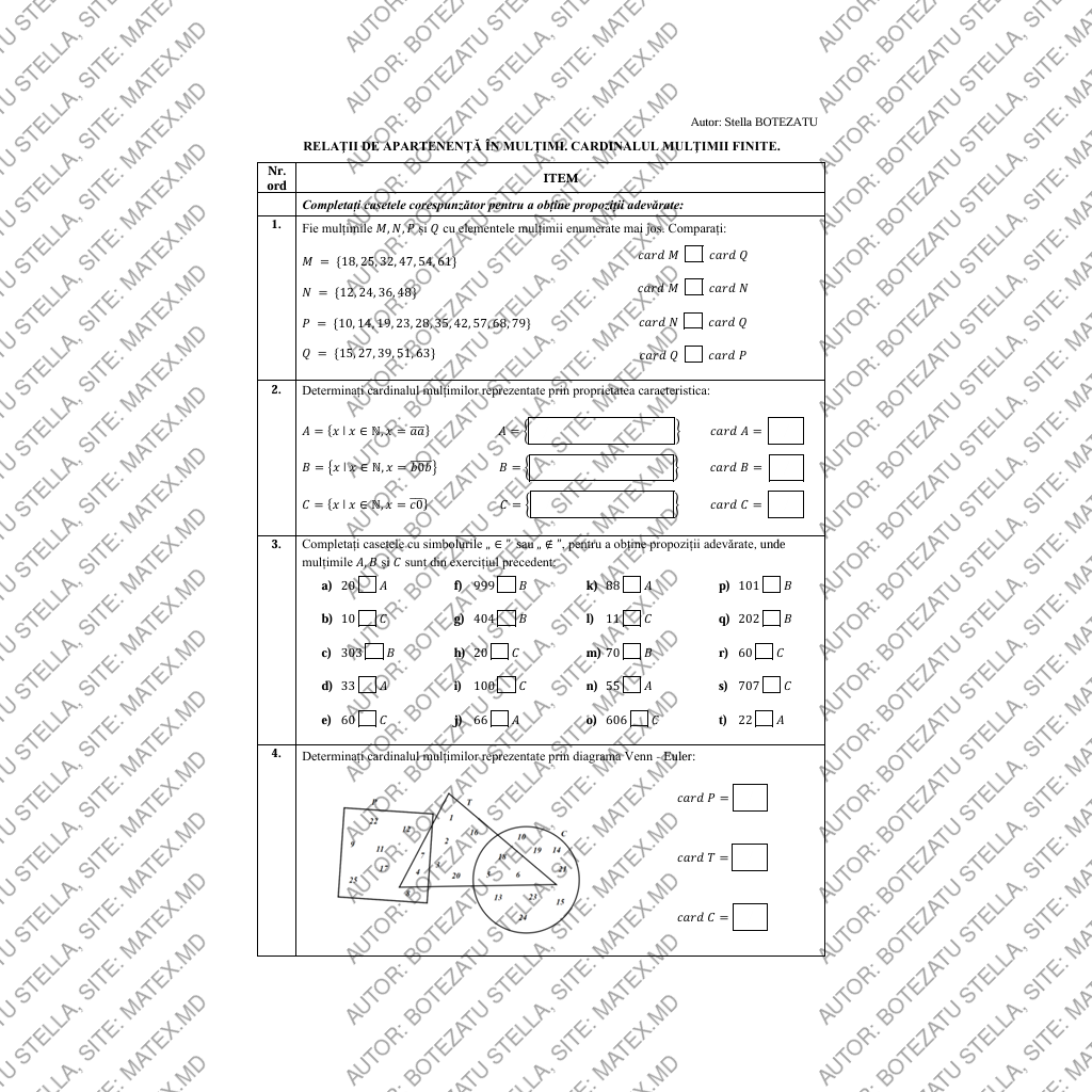 Relaţii de apartenenţă în mulţimi. Cardinalul mulţimii finite. (Clasa 5) - imagine 2