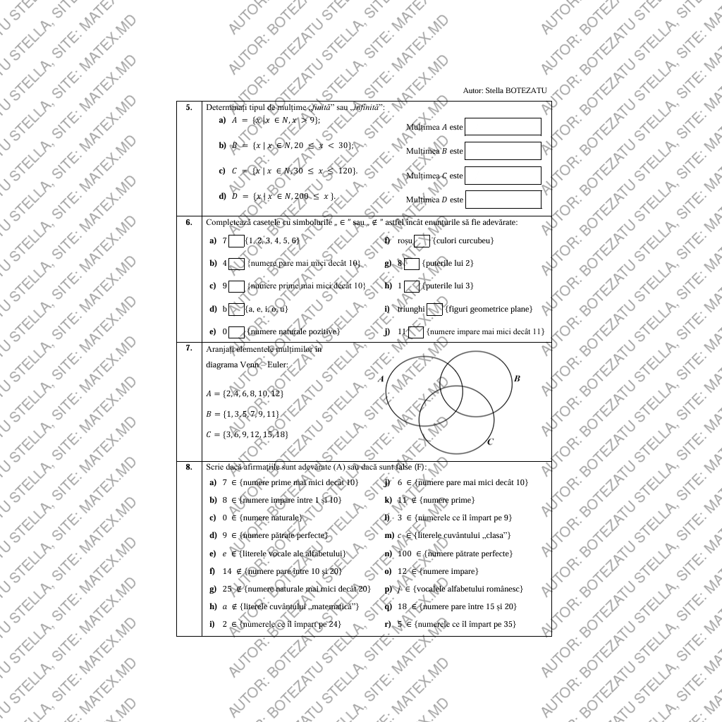 Relaţii de apartenenţă în mulţimi. Cardinalul mulţimii finite. (Clasa 5) - imagine 3